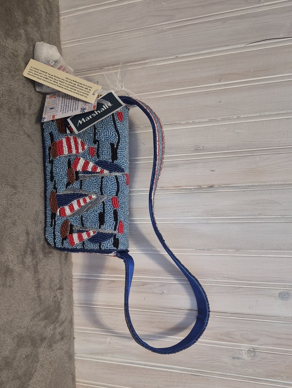 Marshall Blue Beaded Crossbody with Red, White & Brown Buoy Accents